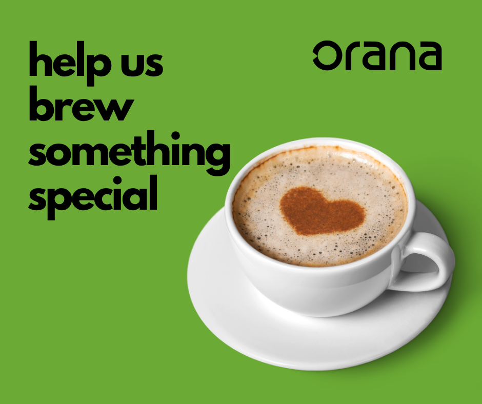 Black text saying 'Help us brew something special' on a green background with a coofee with a love heart in the foam on the bottom right